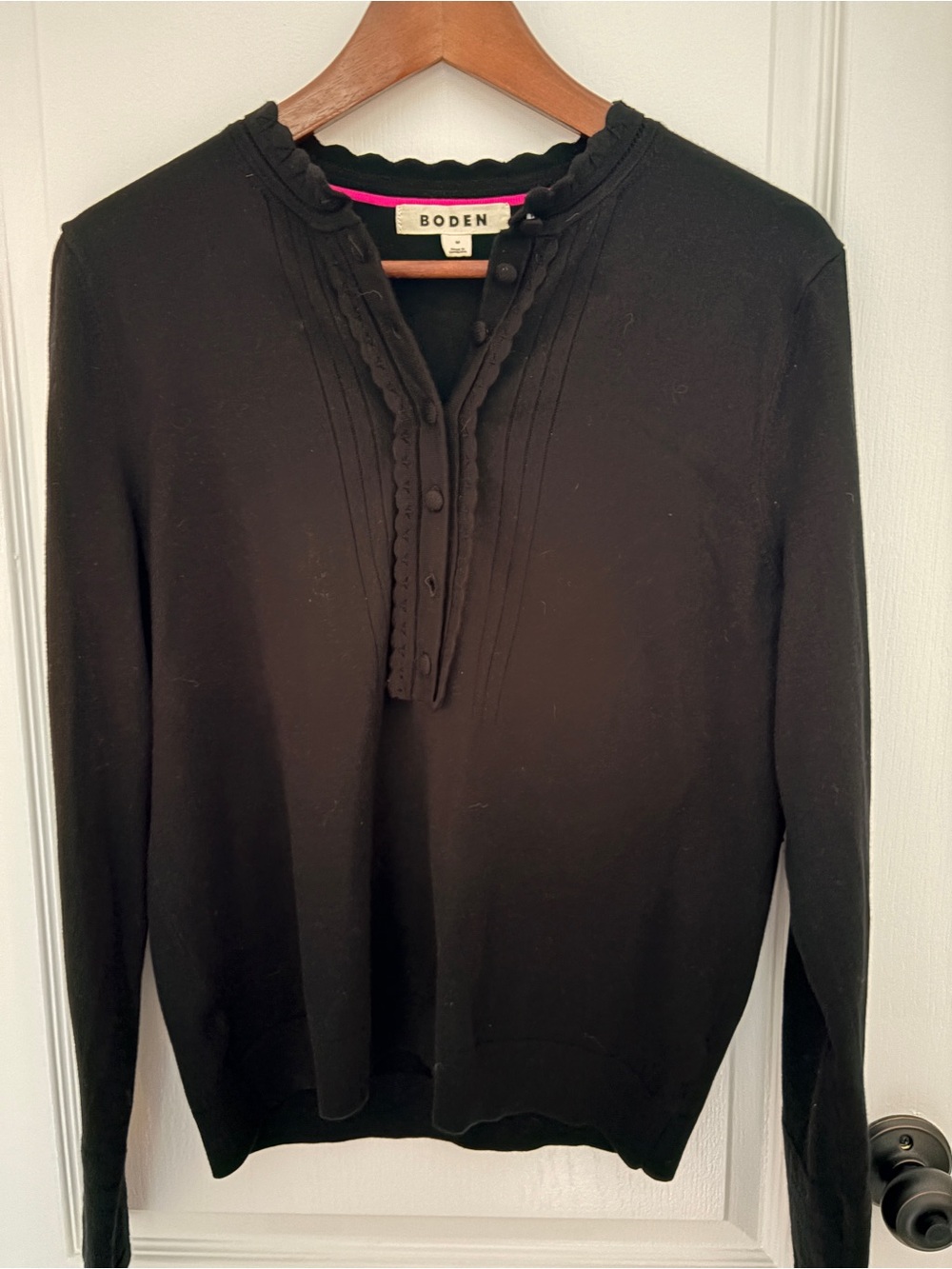 Boden Black Long-Sleeve Ruffle Henley Sweater
